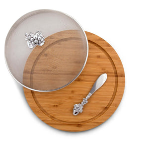 Top-down view showcasing a bamboo tray with a mesh food cover featuring a grape cluster design, accompanied by a decorative spreader.