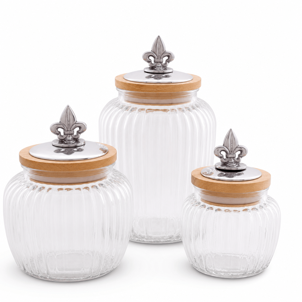 Arthur Court Fleur De Lis Set of 3 Fleur De Lis Knob Glass Canisters
