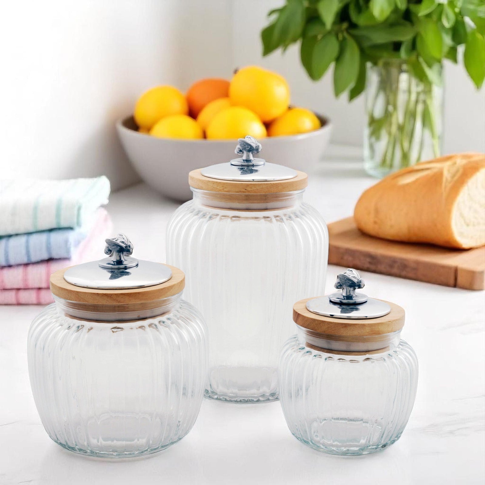 Arthur Court Magnolia Honey Bee Knob Glass Canisters
