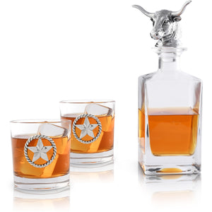 Arthur Court Western Frontier Longhorn Decanter Set with Pair of Glasses