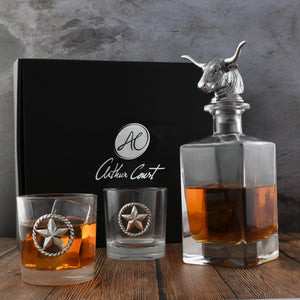 Arthur Court Western Frontier Longhorn Decanter Set with Pair of Glasses
