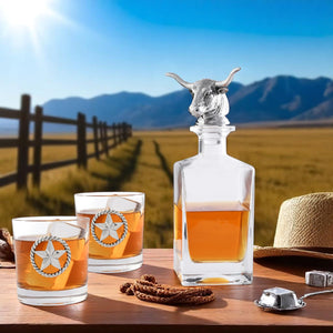 Arthur Court Western Frontier Longhorn Decanter Set with Pair of Glasses