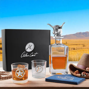 Arthur Court Western Frontier Longhorn Decanter Set with Pair of Glasses