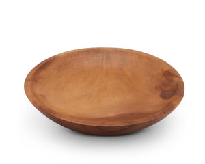 A handcrafted wooden salad bowl on a white background, seen from a side angle, highlighting its artisanal craftsmanship.