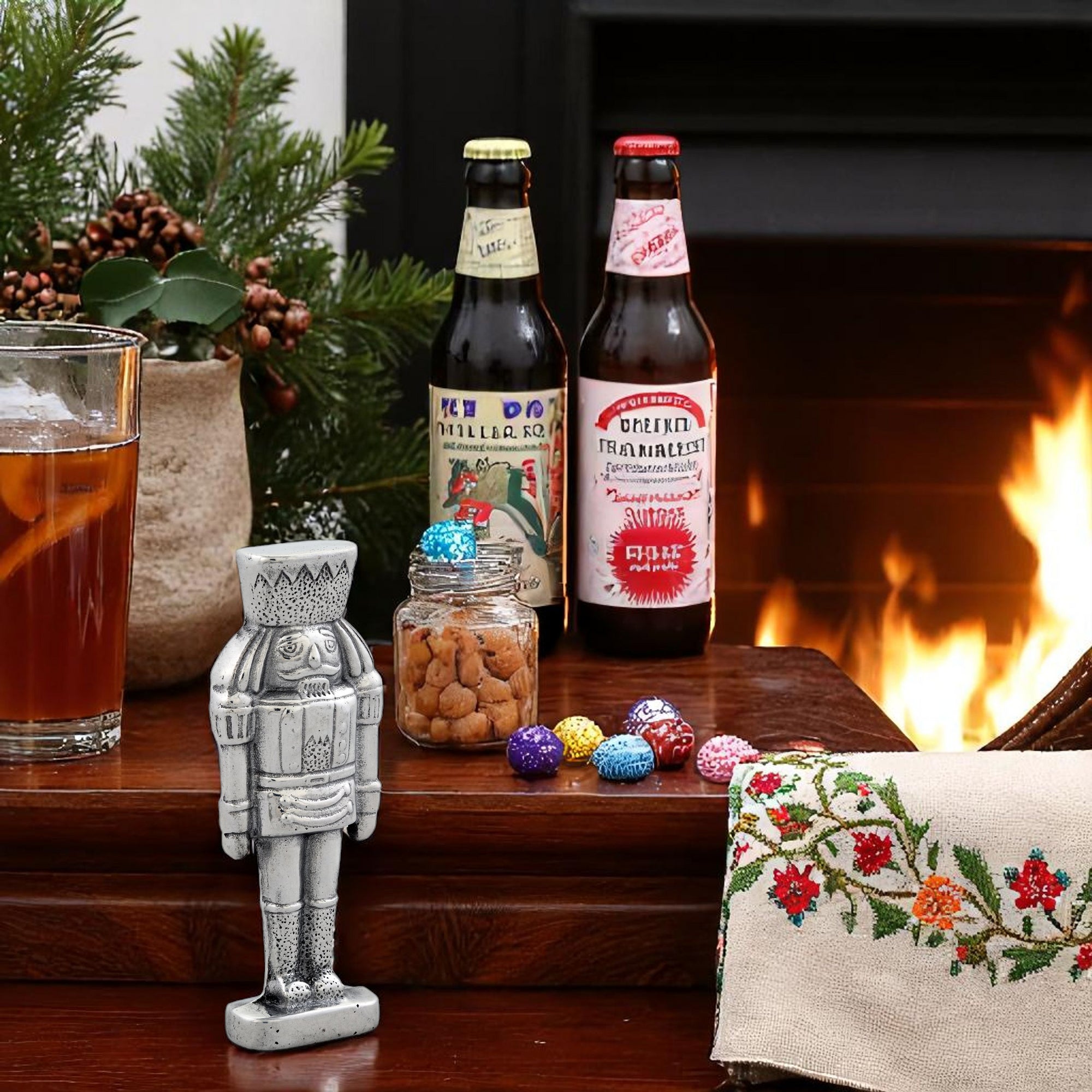 Nutcracker-shaped bottle opener viewed from a slight angle, showcasing artisanal craftsmanship and premium material for luxury home decor.