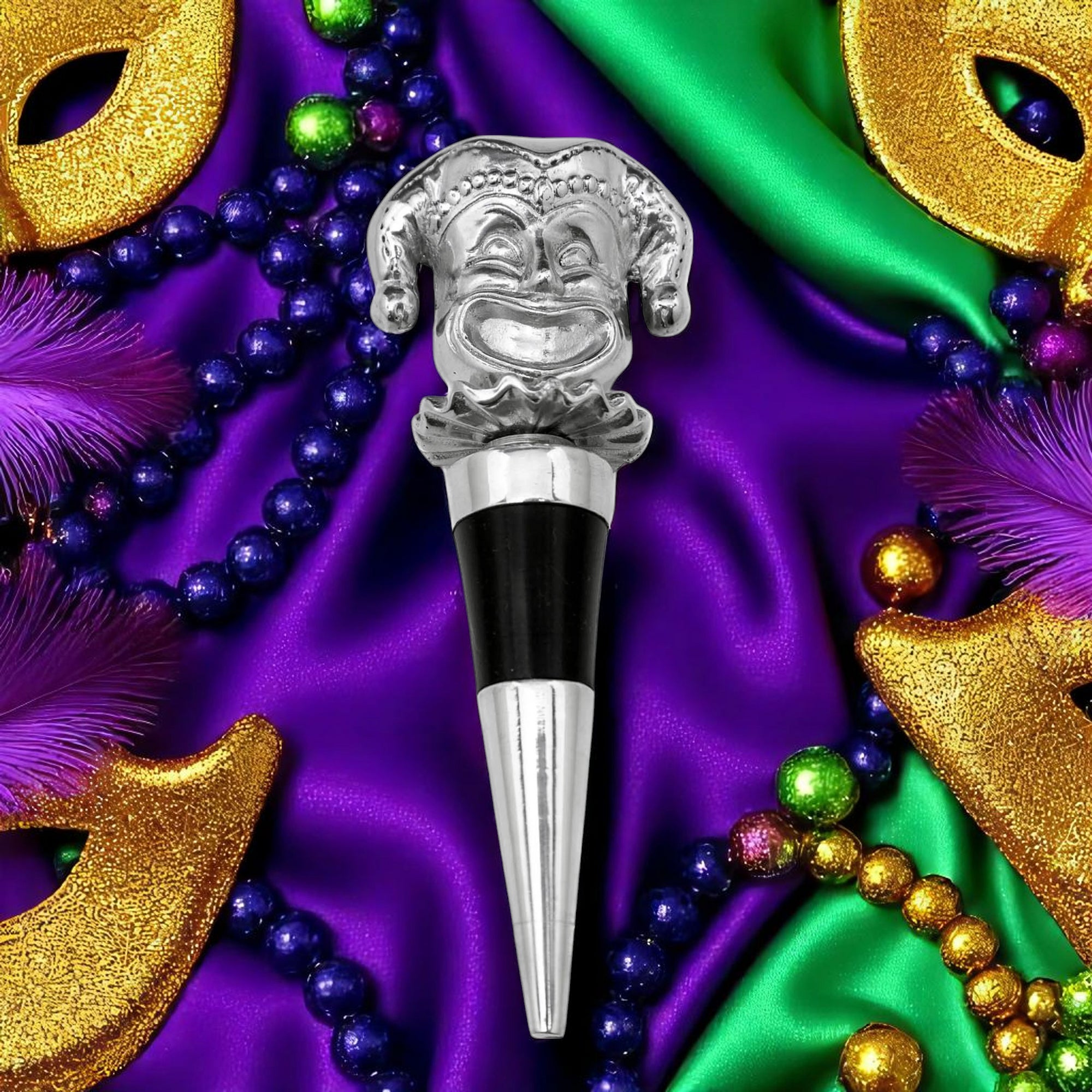 A whimsical bottle stopper featuring a jester head, viewed head-on, accentuating its artisanal craftsmanship, perfect for modern classic barware.