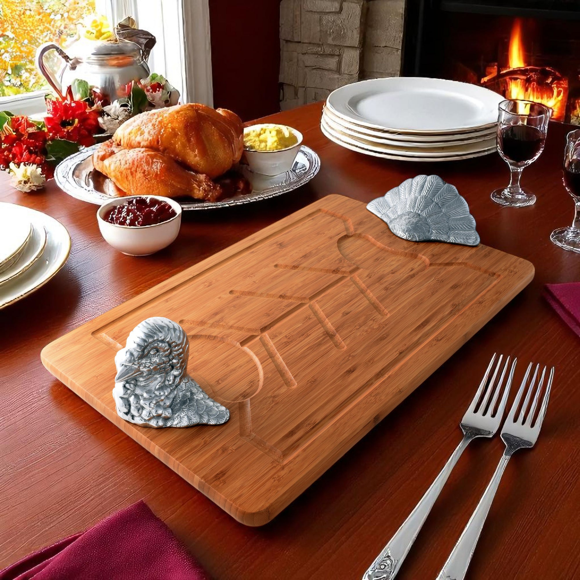 This carving board, angled to highlight its intricate grooves, features turkey-themed embellishments, perfect for holiday entertaining essentials.