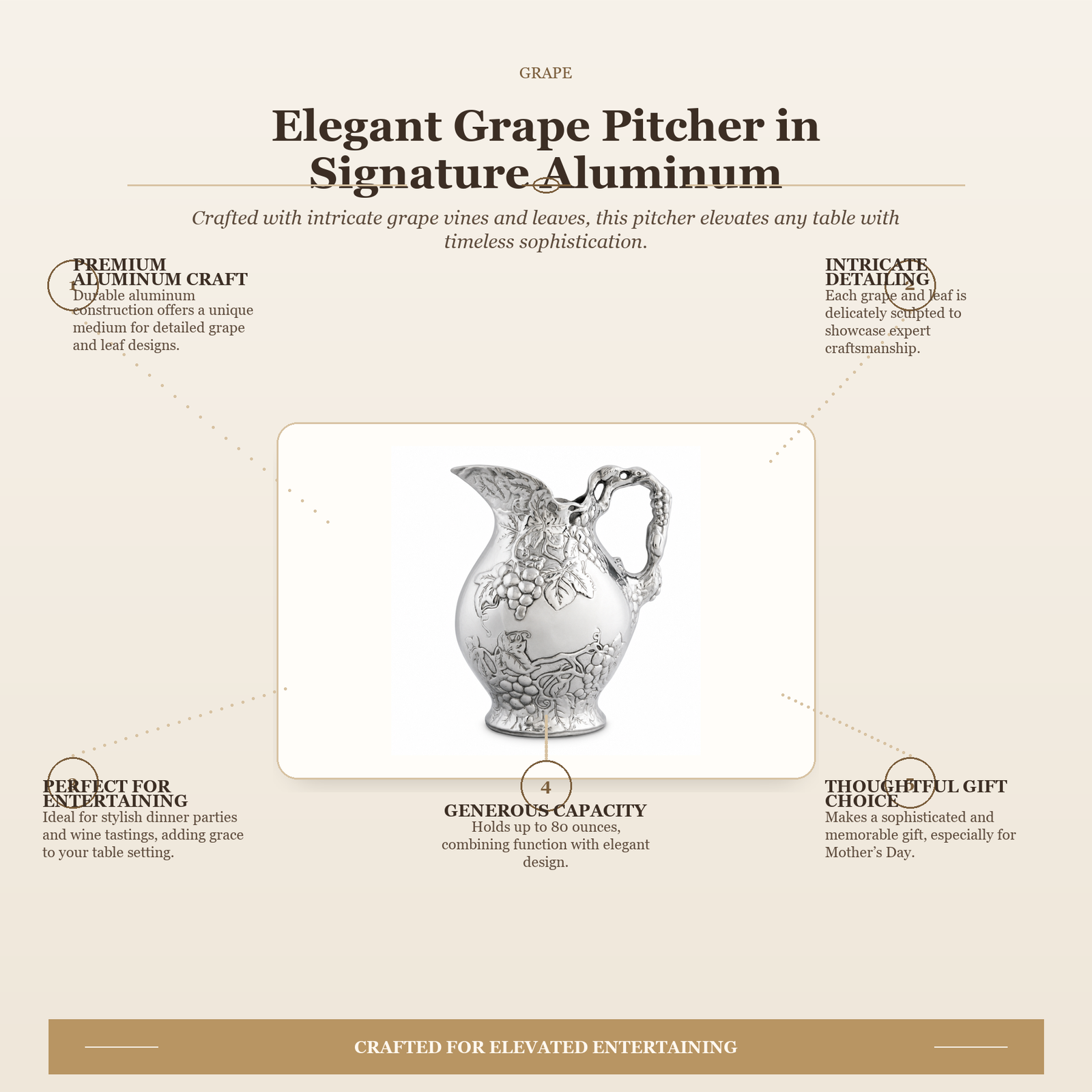 Elegant Grape Pitcher in Signature Aluminum