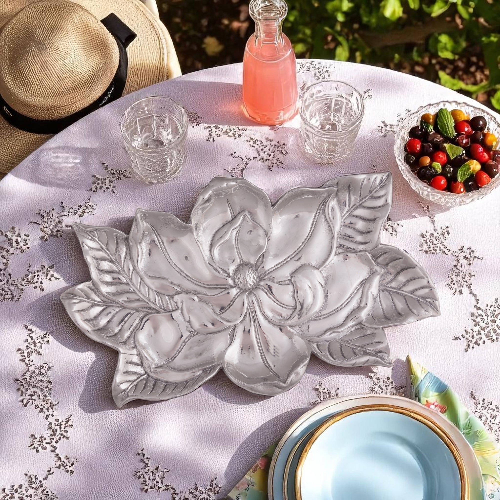 Elegantly crafted floral tray in a close-up side view, showcasing artisanal craftsmanship and perfect for coastal decor.