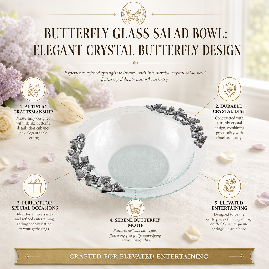 Butterfly Glass Salad Bowl: Elegant Crystal Butterfly Design