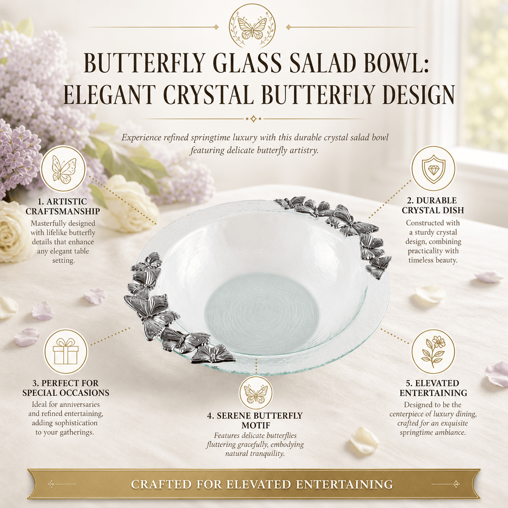 Butterfly Glass Salad Bowl: Elegant Crystal Butterfly Design