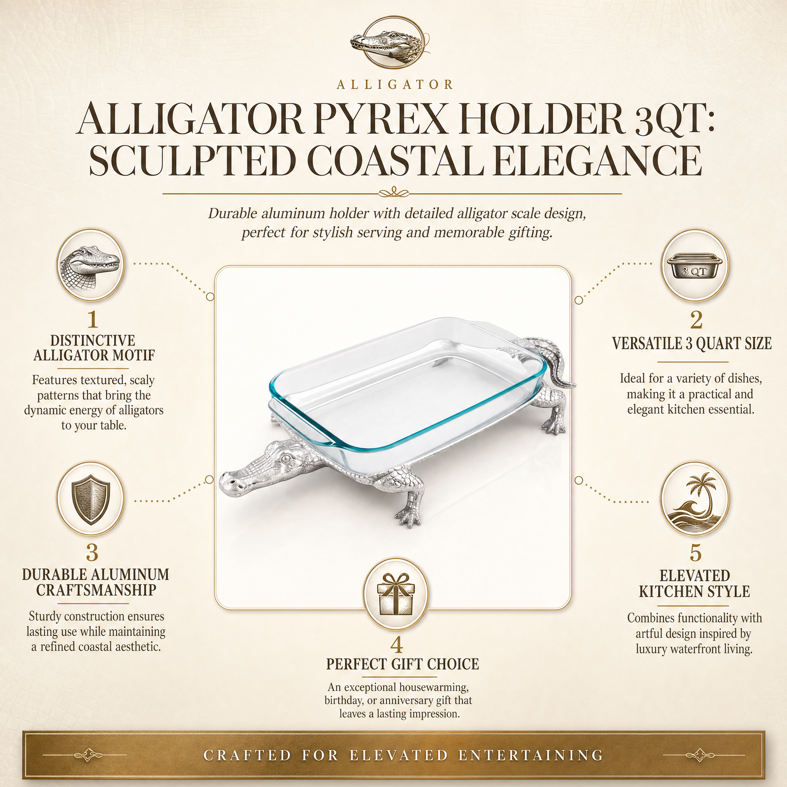 Alligator Pyrex Holder 3qt: Sculpted Coastal Elegance