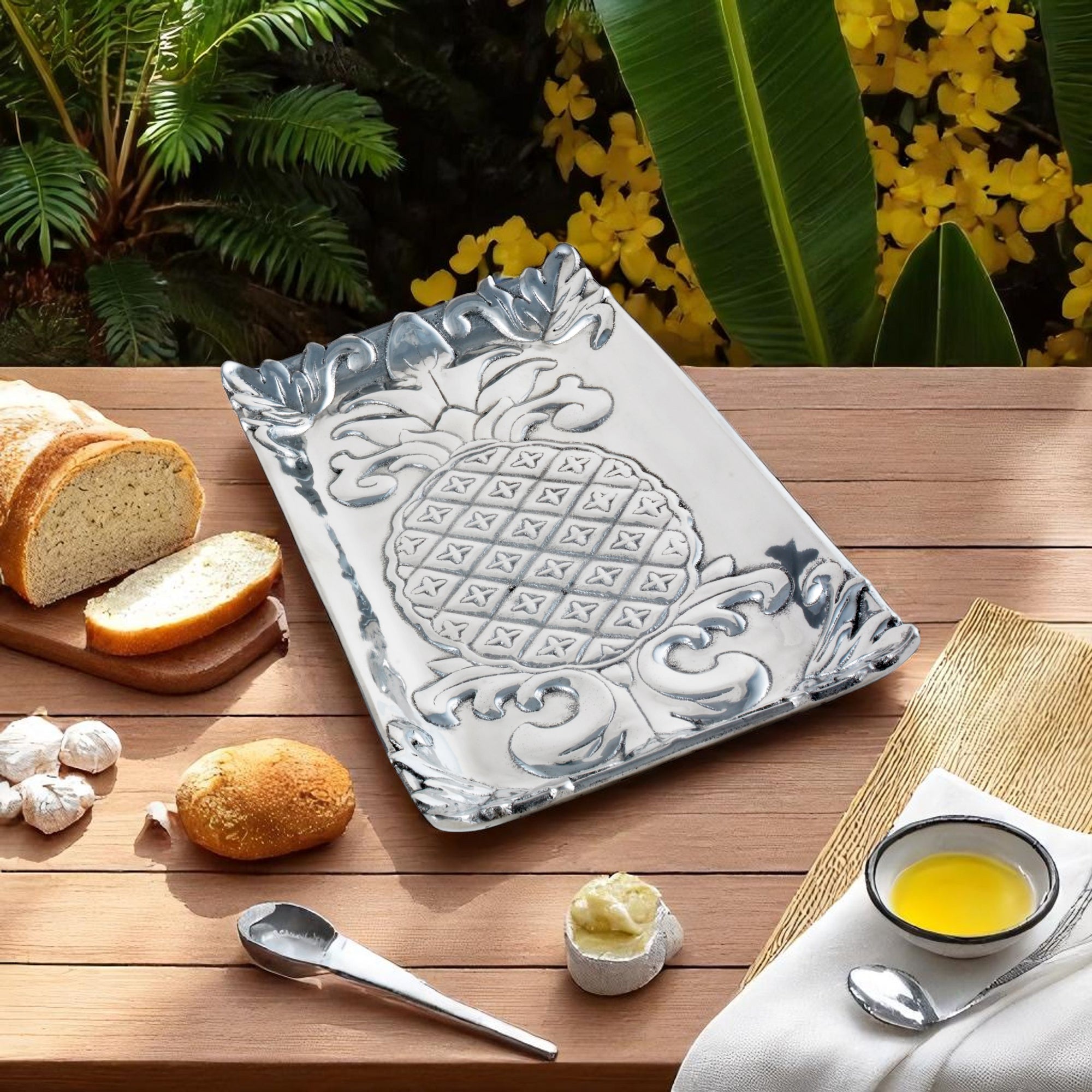 Intricate bread tray with ornate detailing, viewed from a side angle, ideal for luxury home accessory and table setting.