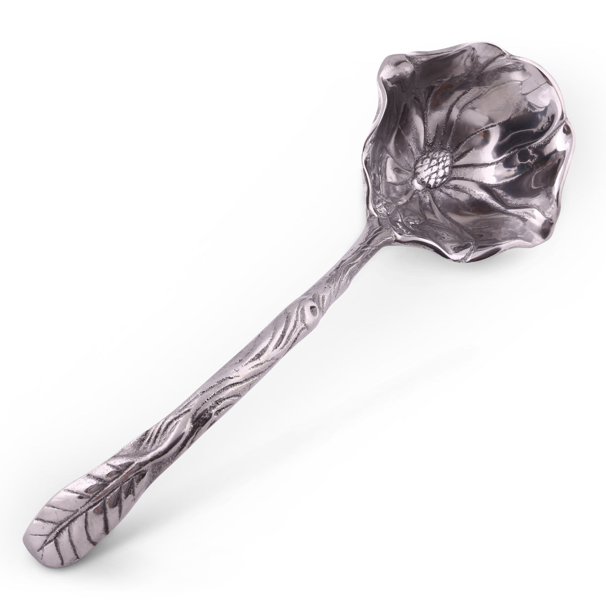A Punch Ladle seen in a side-angled view, showcasing intricate handcrafted detail and floral design, perfect for cocktail accessory use.