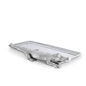 A rectangular tray with a silver crocodile accent viewed from a side angle, ideal for a statement piece and luxury home accessory.