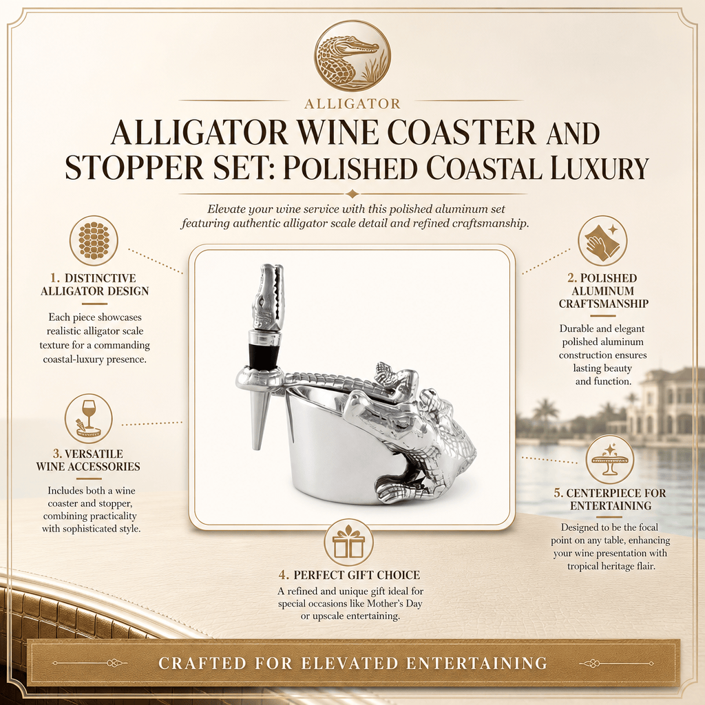 Alligator Wine Coaster and Stopper Set: Polished Coastal Luxury