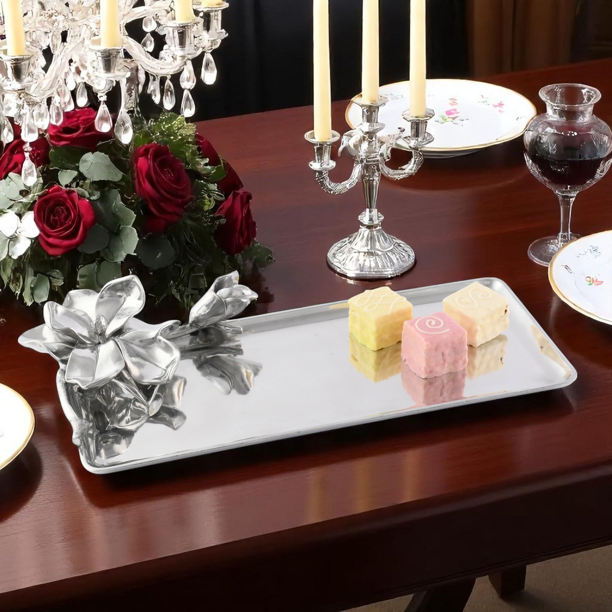 Elegant oblong tray with floral details, angled to showcase pastel treats, ideal for luxury home decor.