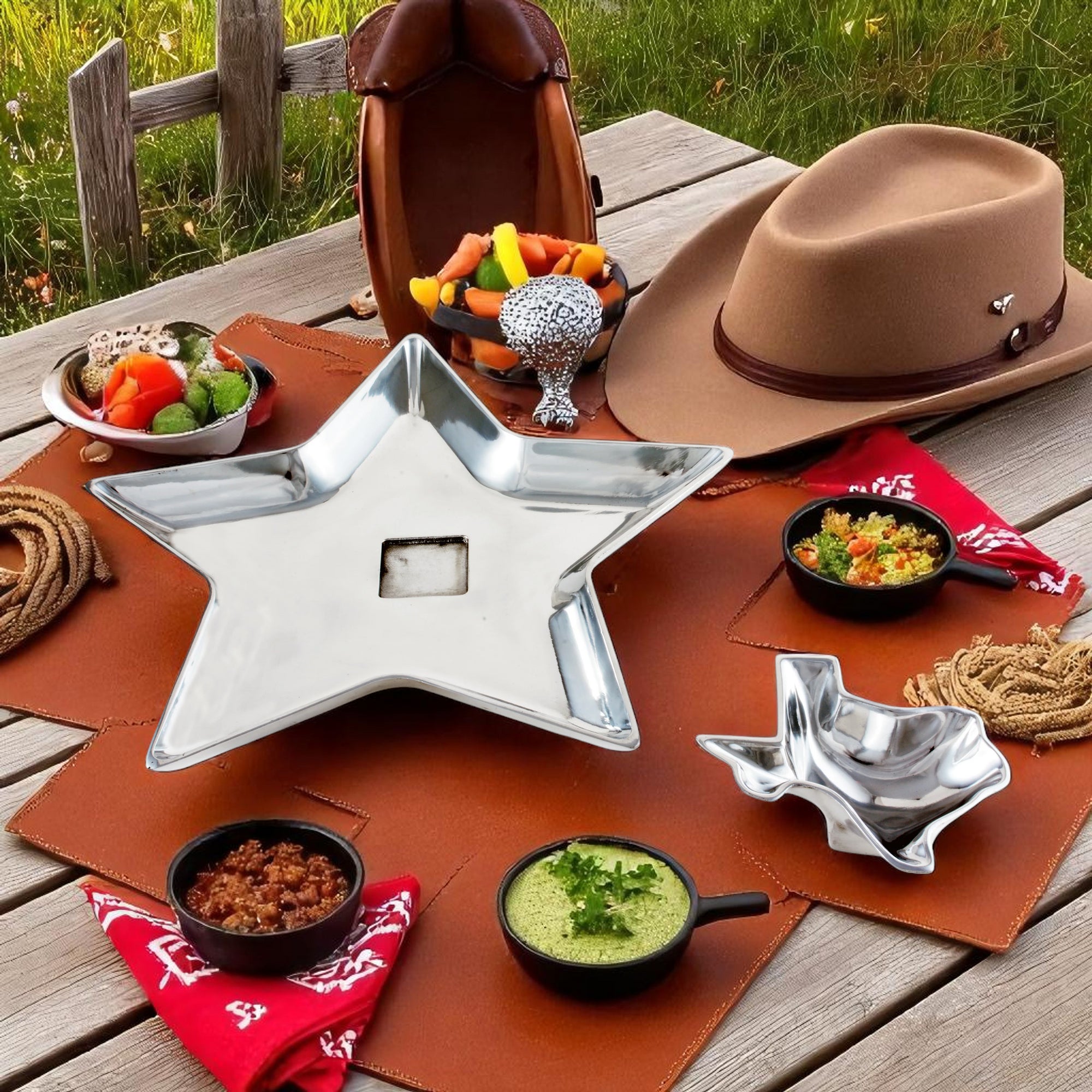 Star-shaped Chip Dip Set crafted from reflective metal, viewed from a side perspective, highlighting its modern classic design.