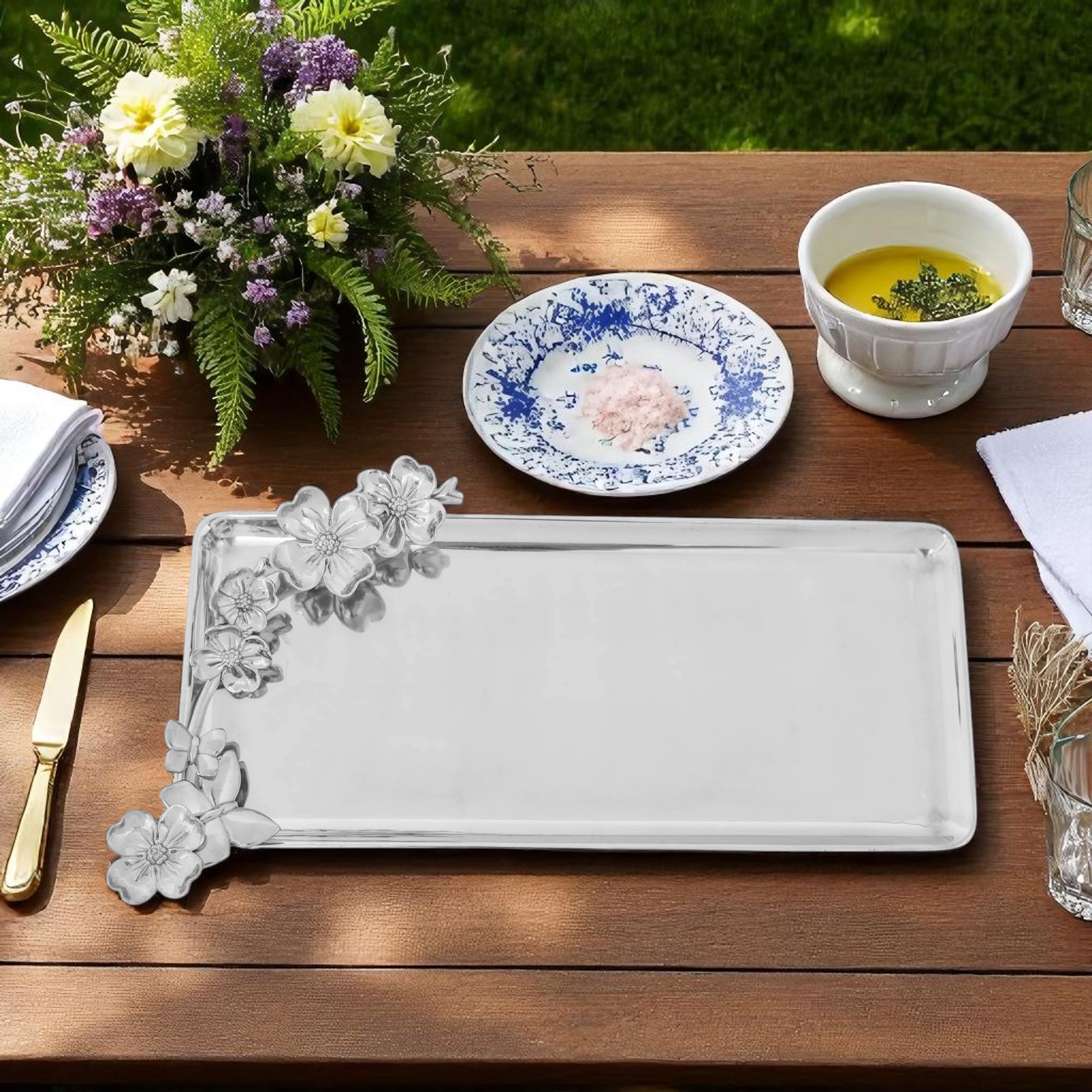 Rectangular tray adorned with floral accents viewed from above, ideal as a decorative bowl in luxury home decor.