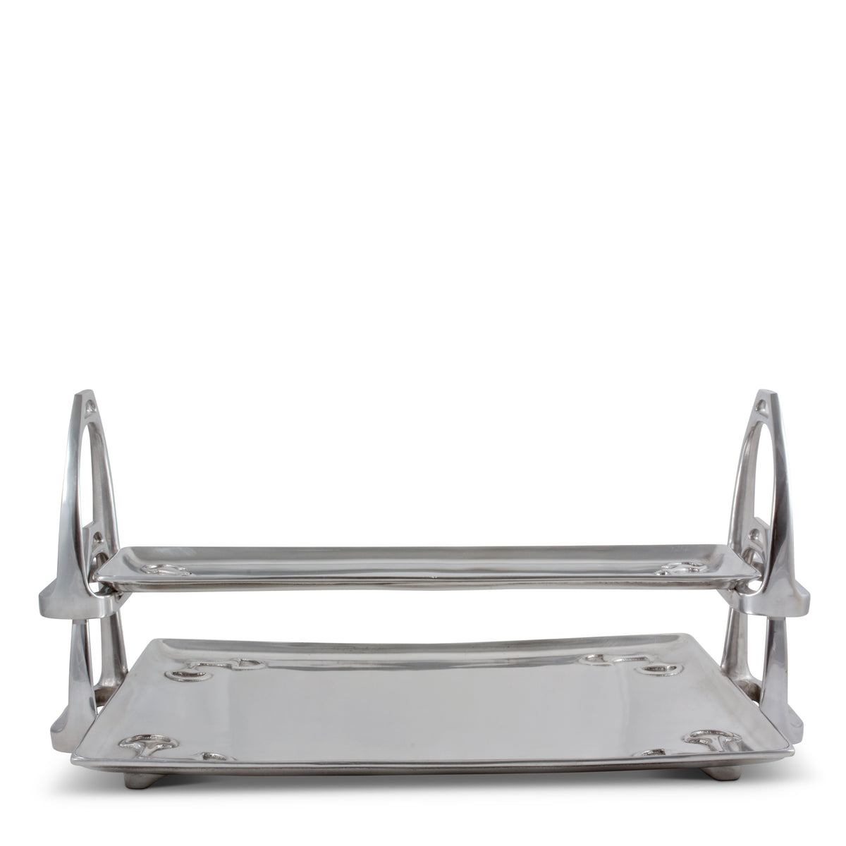 Straight-on view of a two-tier equestrian-inspired silver server with stirrup sides, ideal for luxury home decor.