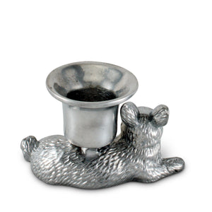 Charming rabbit candlestick viewed from an angled perspective, featuring artisanal craftsmanship in polished silver.