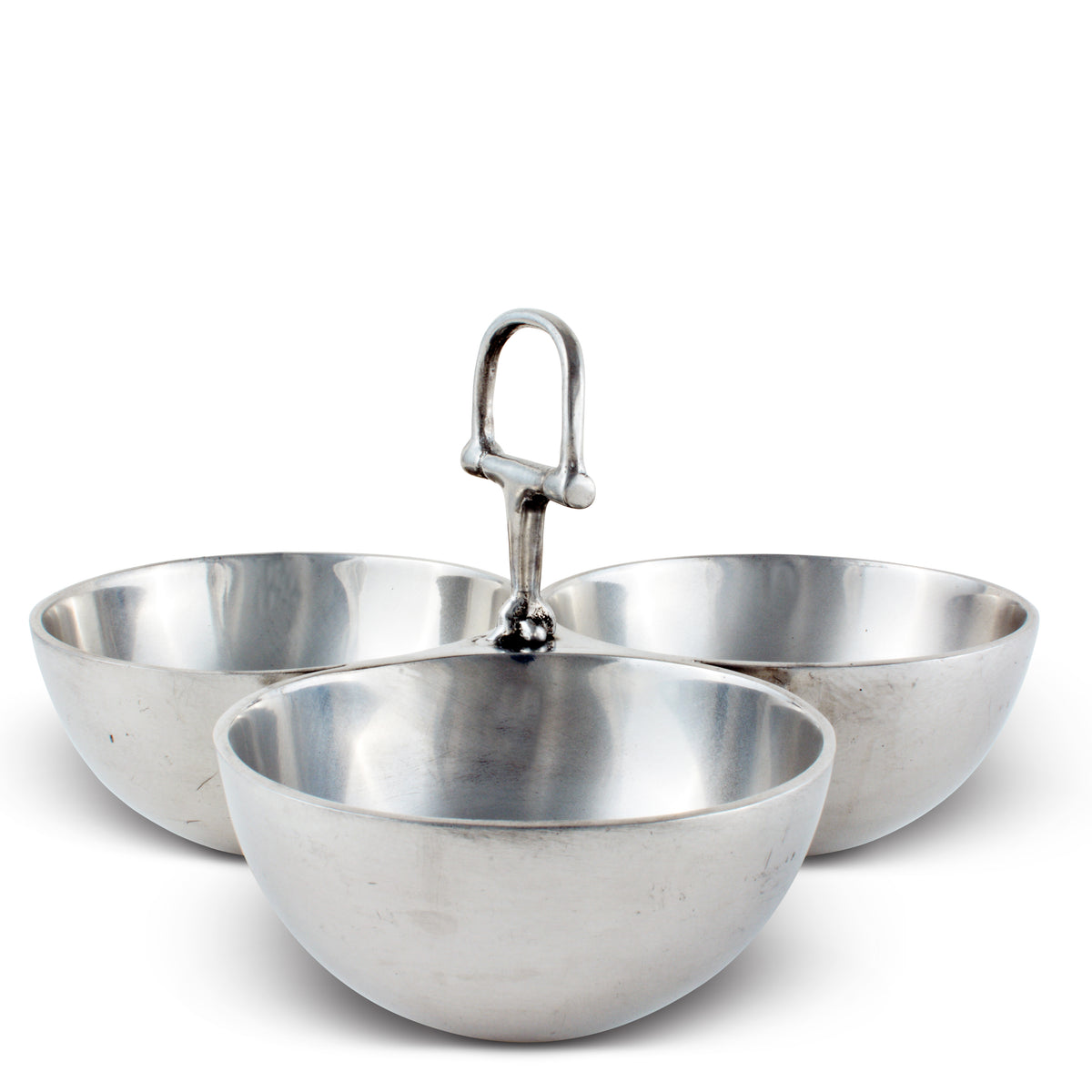 Angled view showcasing a silver equestrian-themed decorative bowl set with a horse bit handle for luxury home accessory use