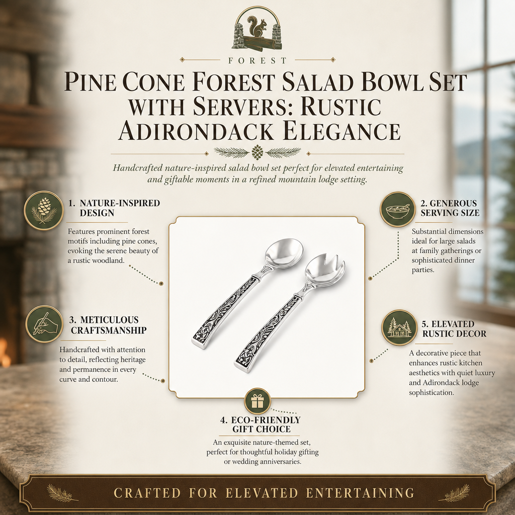 Pine Cone Forest Salad Bowl Set with Servers: Rustic Adirondack Elegance