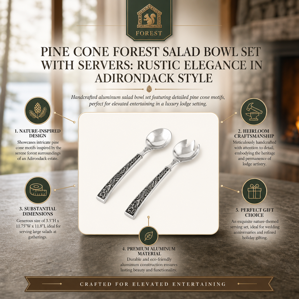 Pine Cone Forest Salad Bowl Set with Servers: Rustic Elegance in Adirondack Style