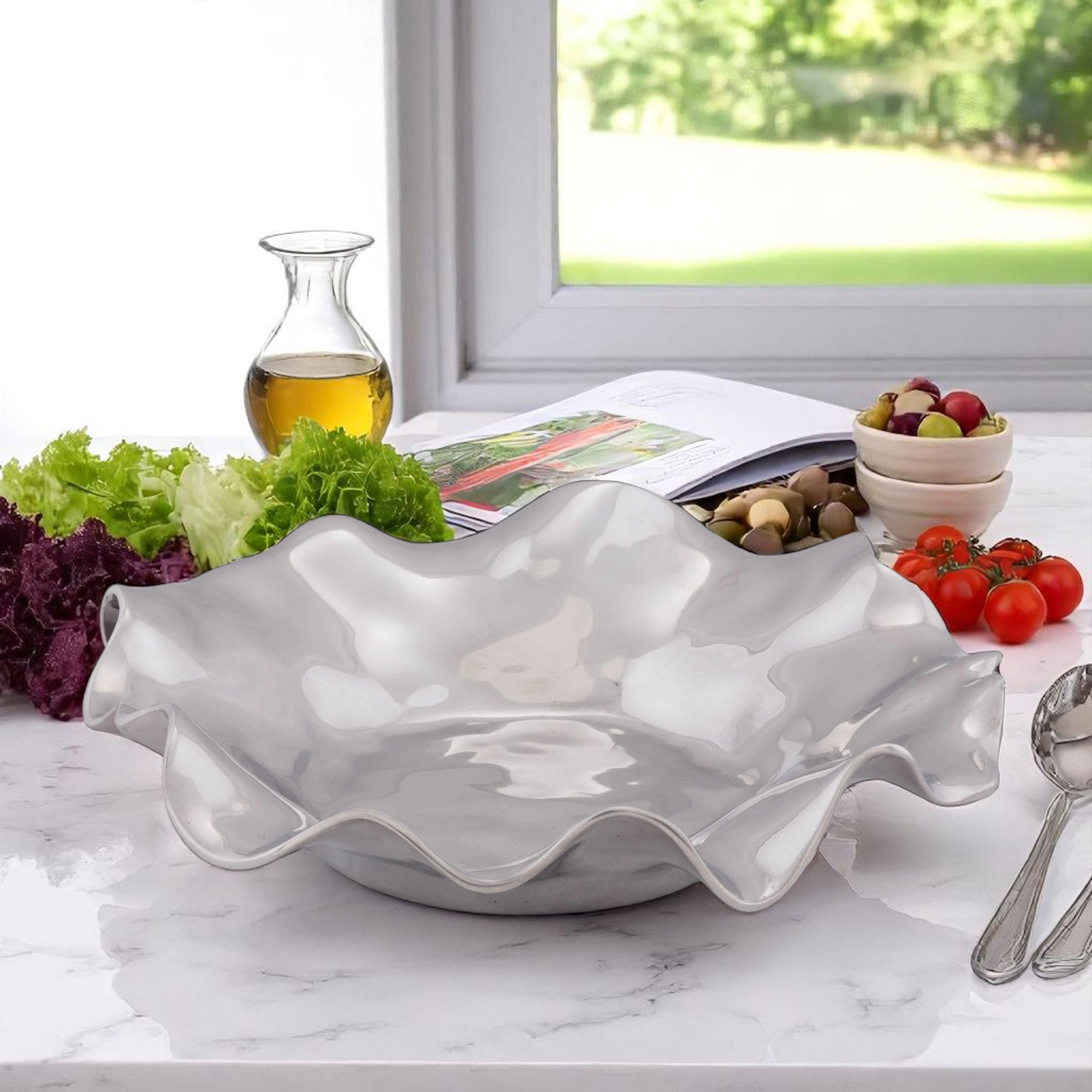 Elegantly ruffled salad bowl viewed from a side angle, showcasing its artisanal craftsmanship and modern classic design.