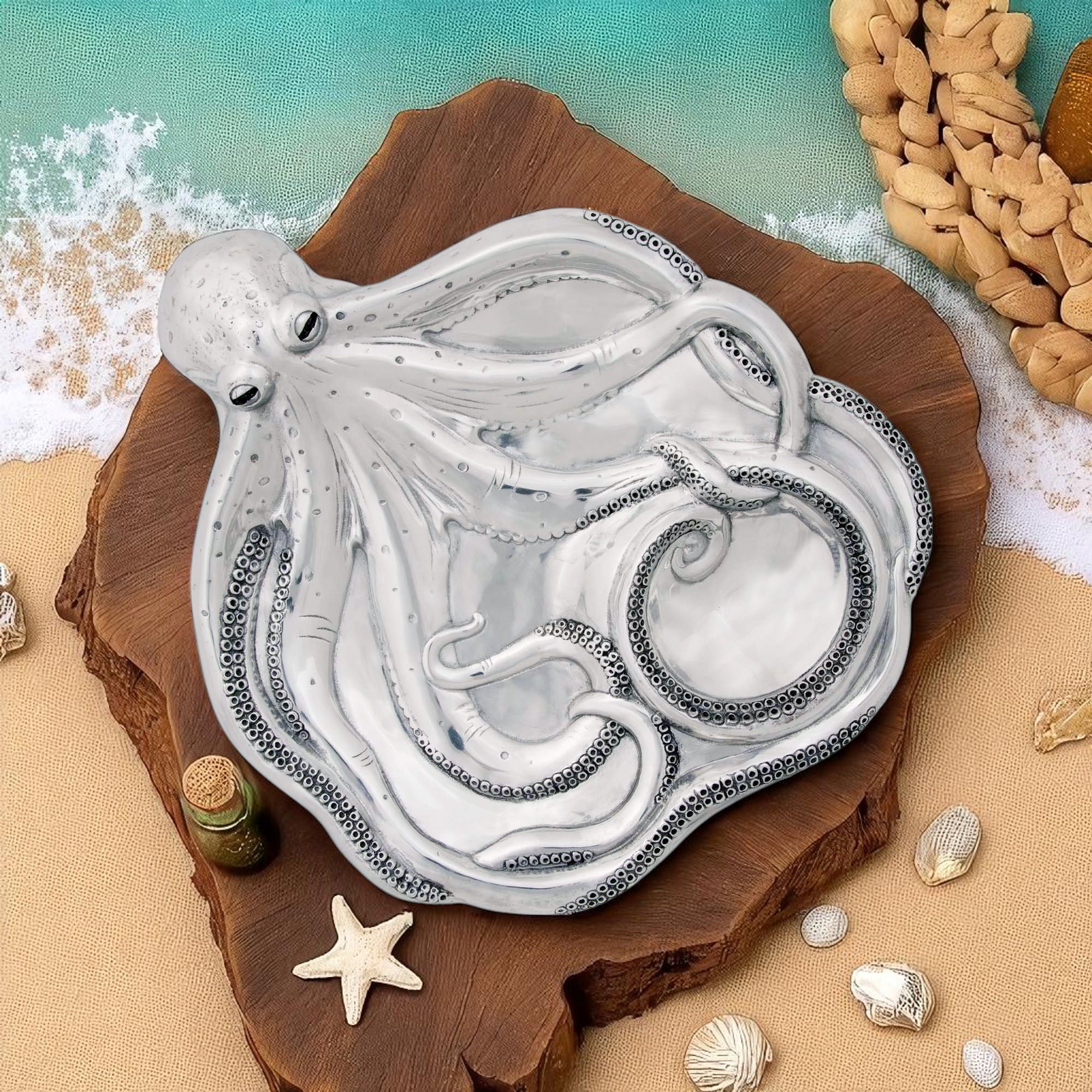 An elegant octopus-themed chip dip set seen in a top-down view, showcasing artisanal craftsmanship and coastal decor appeal.