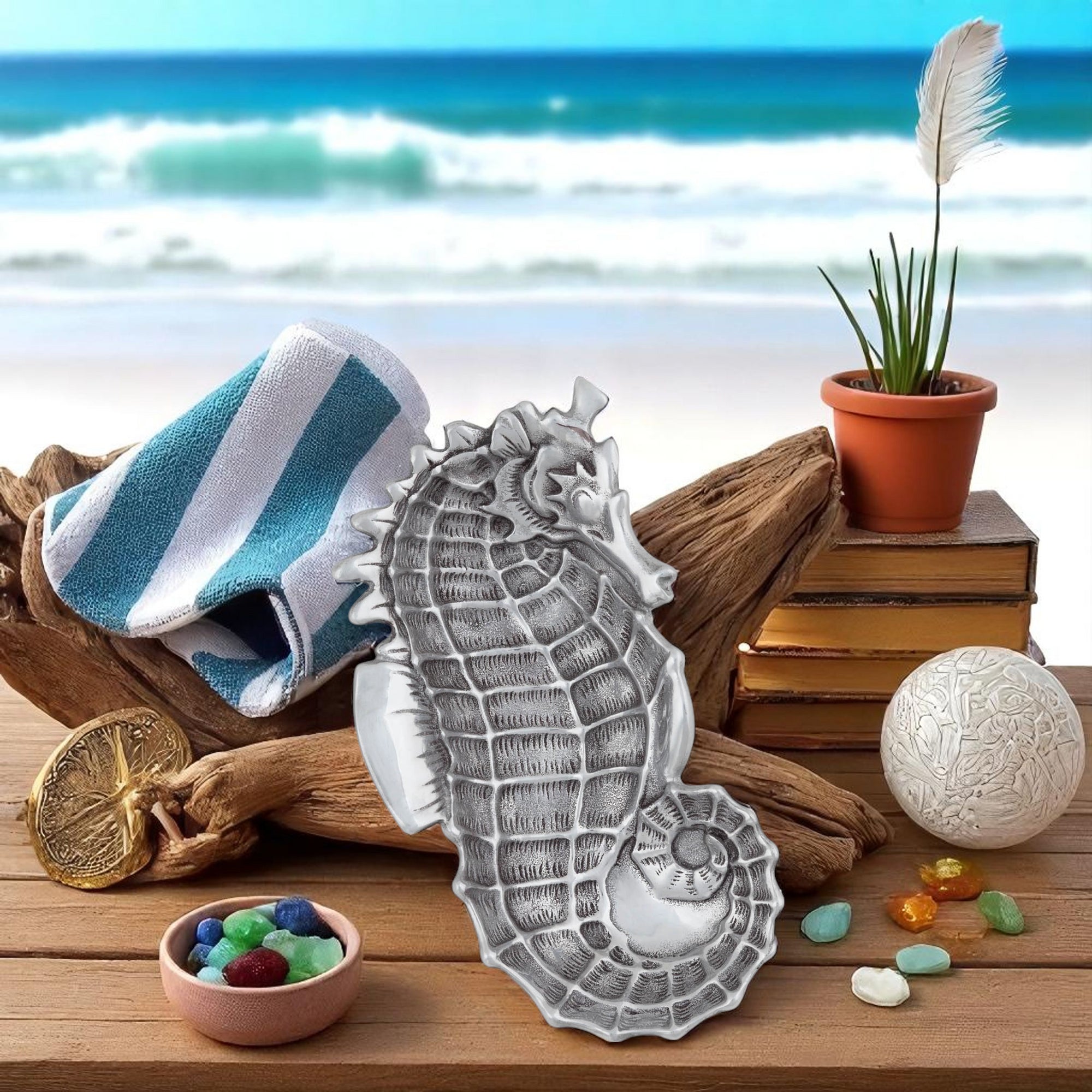 Seahorse-themed Catch All viewed from above, showcasing intricate artisanal craftsmanship, perfect as a coastal decor accent.