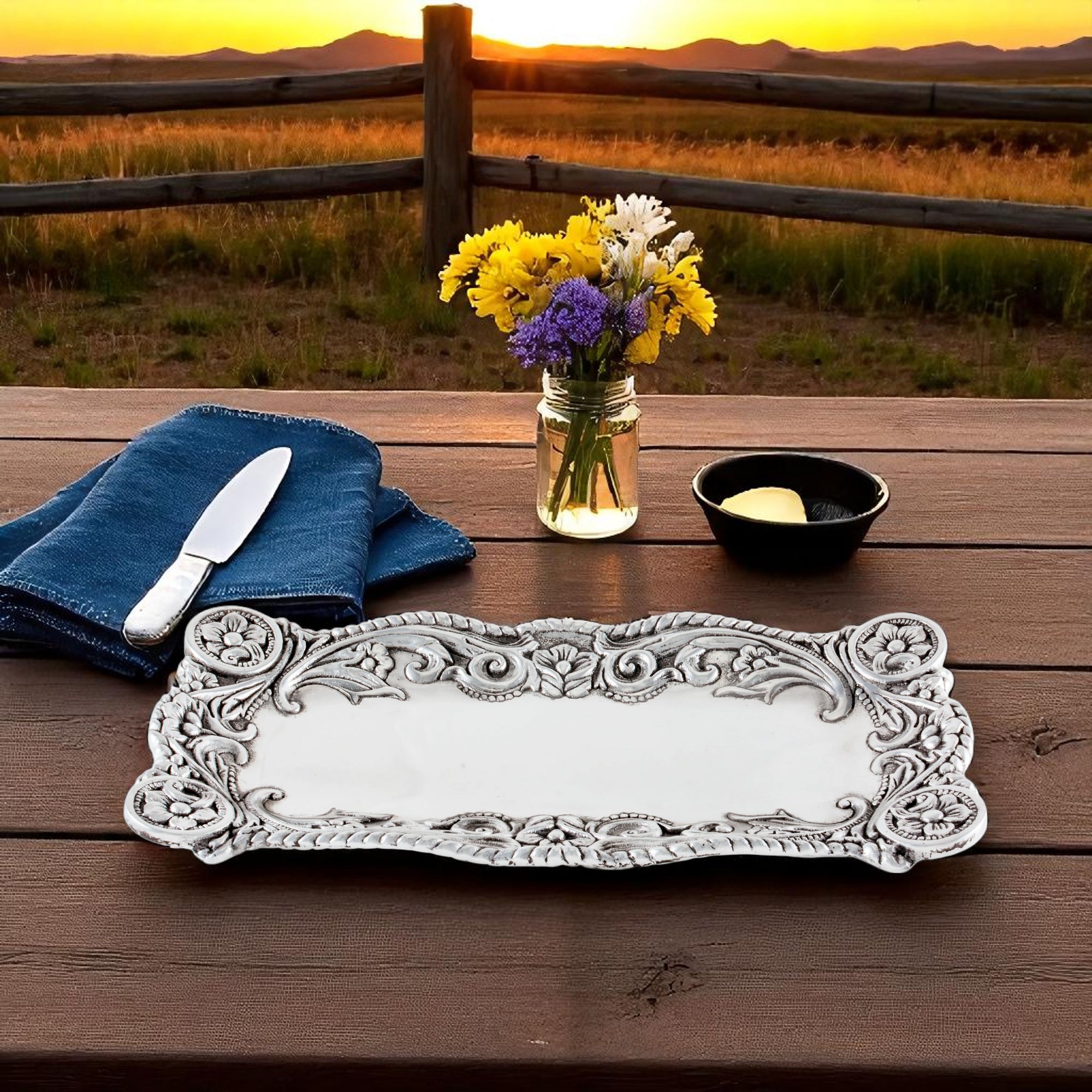 Ornate bread tray with decorative floral patterns, captured from above, showcasing artisanal craftsmanship and luxury home accessory charm.