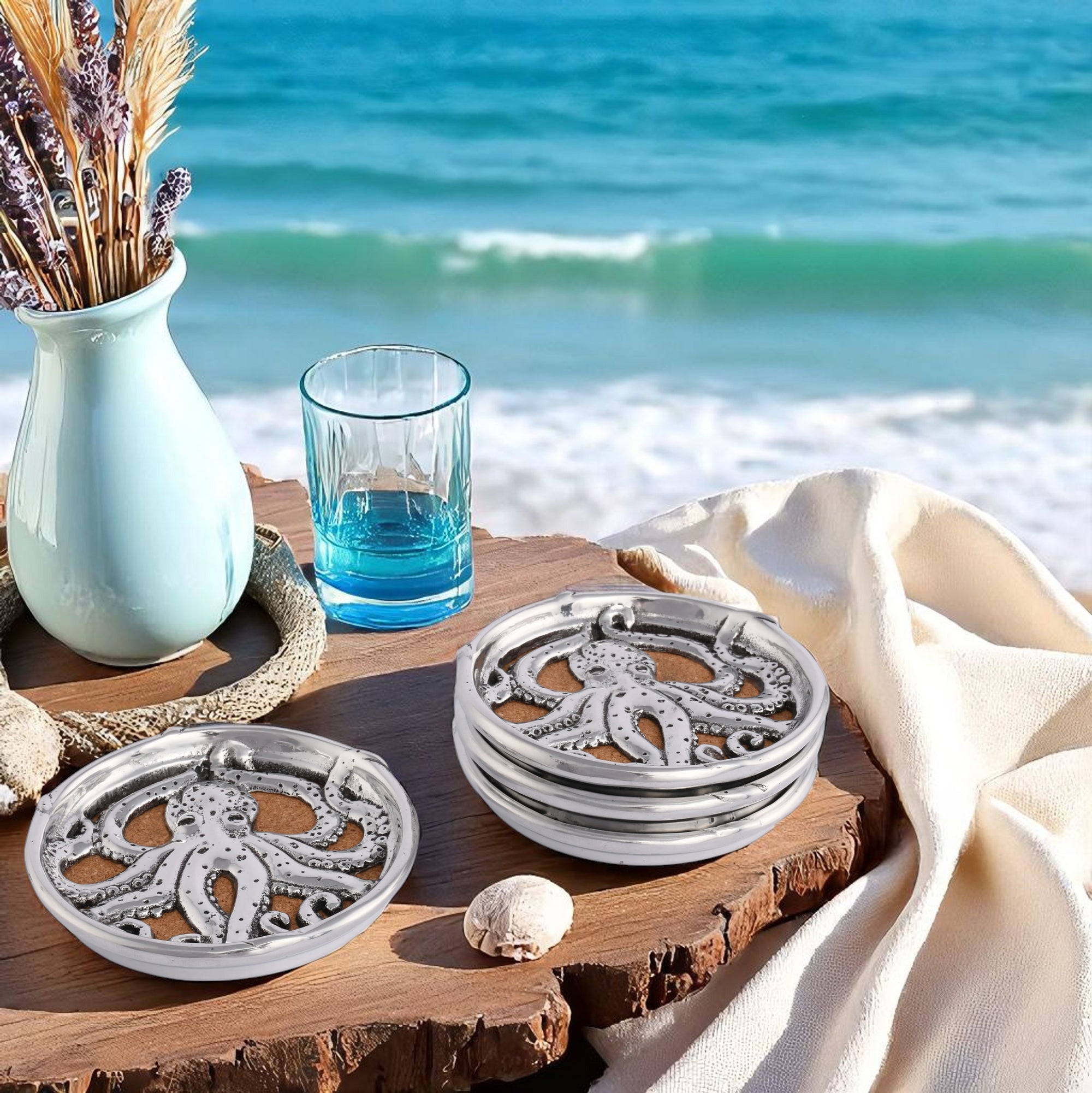 A stack of octopus-designed coaster set viewed from a slight angle, highlighting artisanal craftsmanship, perfect for coastal decor.