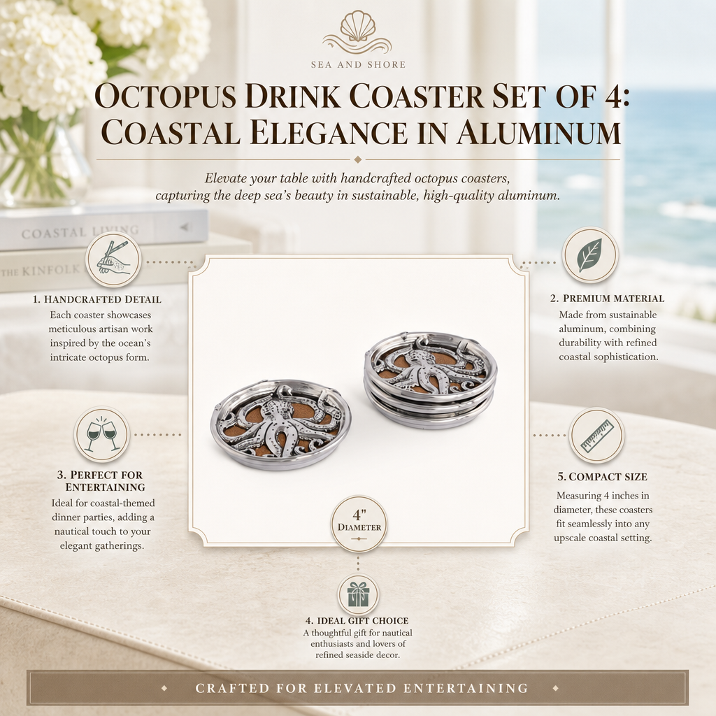Octopus Drink Coaster Set of 4: Coastal Elegance in Aluminum