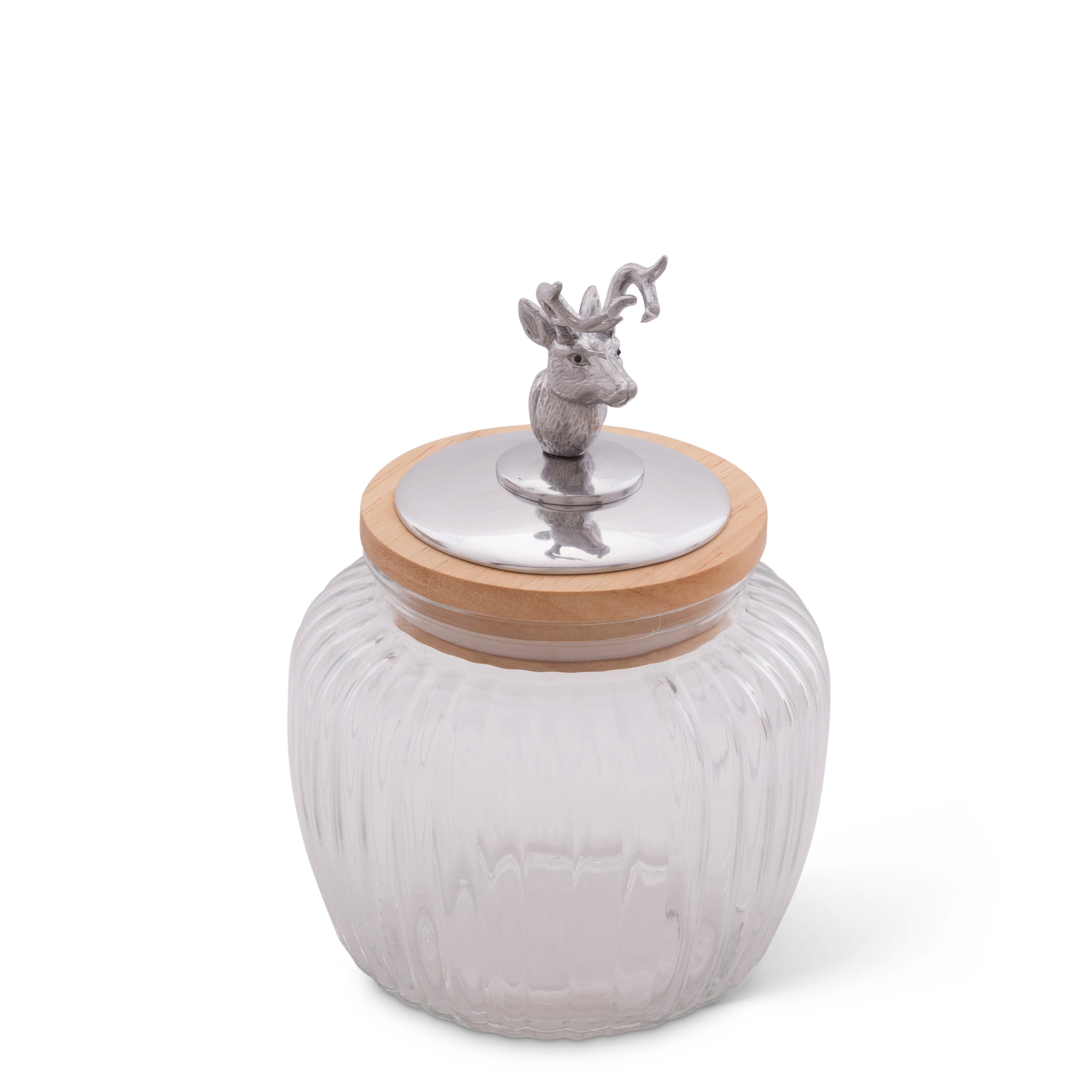Glass canister with a decorative deer lid viewed from a side angle, perfect as a luxury home accessory.