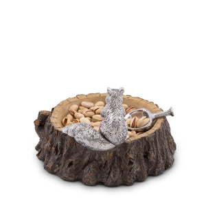 Rustic nut bowl with a squirrel motif viewed from a side angle, highlighting its artisanal craftsmanship and charm.