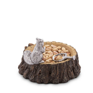 A sideways view reveals a decorative nut bowl shaped like a tree trunk, featuring a squirrel detail.