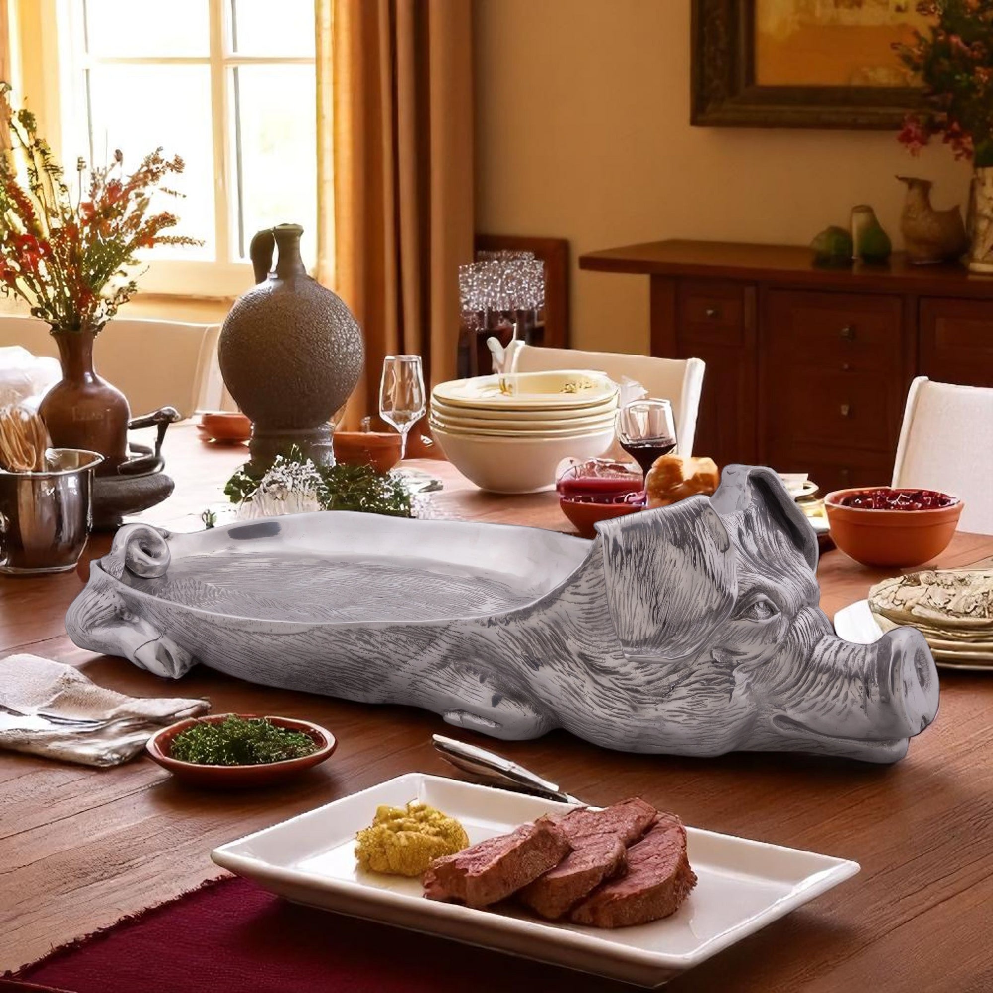 Pig-shaped carving board in a side perspective, showcasing intricate artisanal craftsmanship and luxury home accessory appeal.