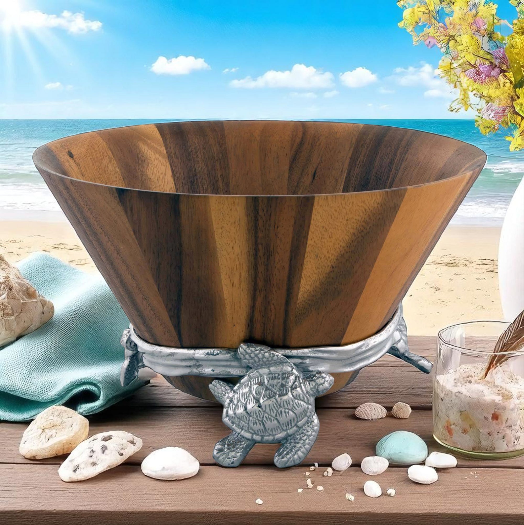A decorative salad bowl with turtle accents, viewed from a slight angle, highlighting its artisanal craftsmanship and coastal decor appeal.
