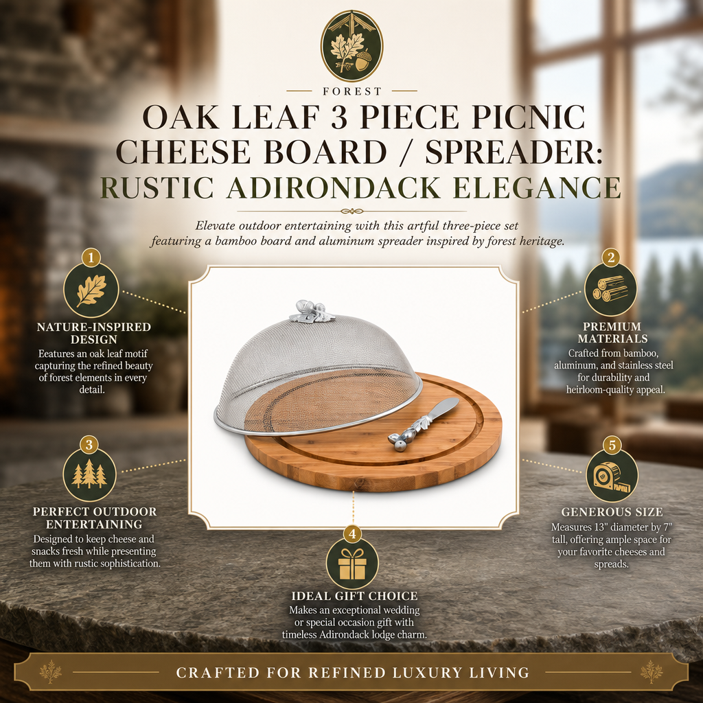 Oak Leaf 3 Piece Picnic Cheese Board / Spreader: Rustic Adirondack Elegance