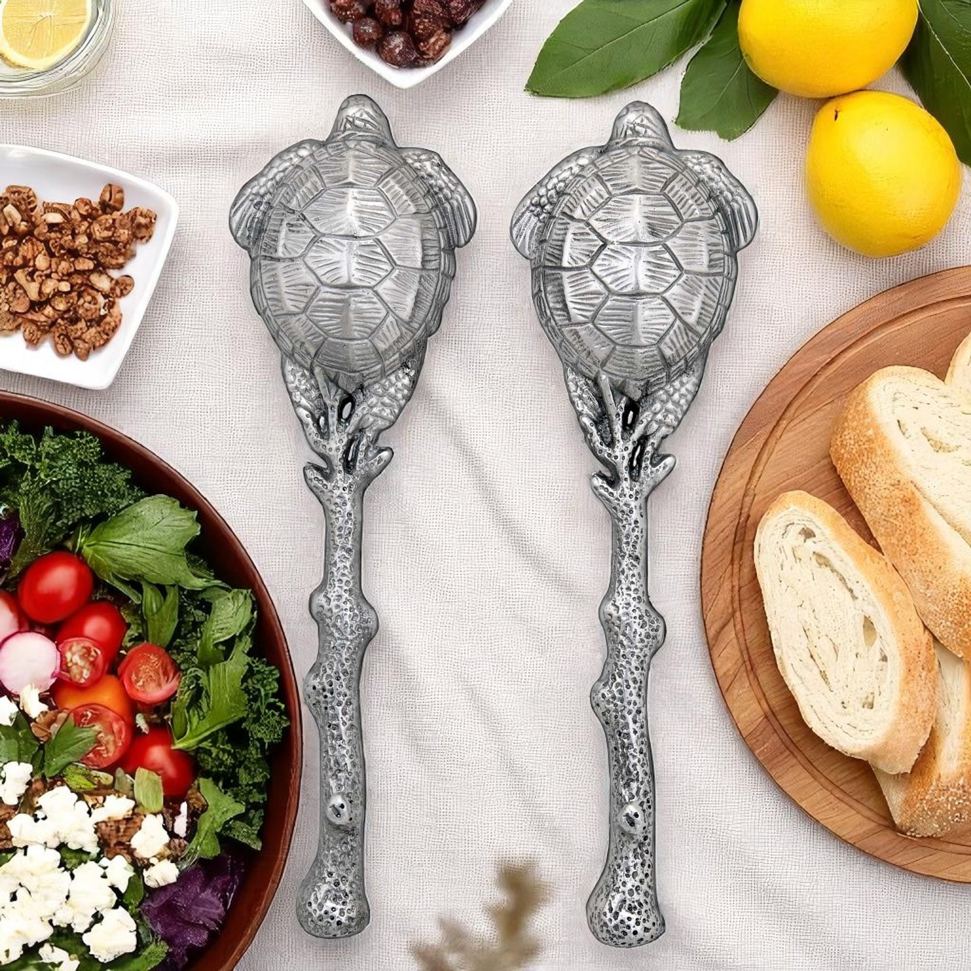 Salad Serving Set with turtle shell design handles viewed from above, showcasing artisanal craftsmanship and coastal decor appeal.