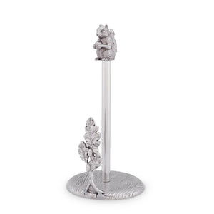 In a side view, the silver paper towel holder features a decorative squirrel and leaf design, enhancing kitchen decor.
