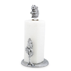 Charming squirrel paper towel holder in a close-up shot, showcasing artisanal craftsmanship and decorative oak leaf detail.