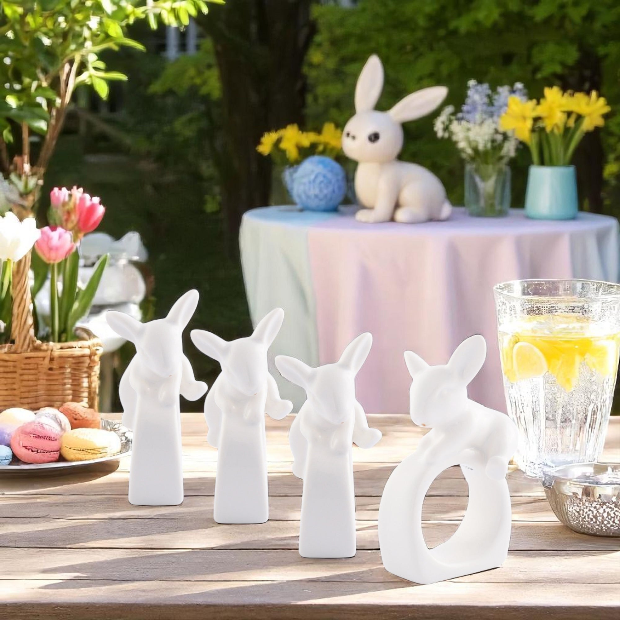 White rabbit-shaped napkin rings elegantly encircle a pale green napkin, viewed from a slightly elevated angle, ideal for a modern classic table setting.