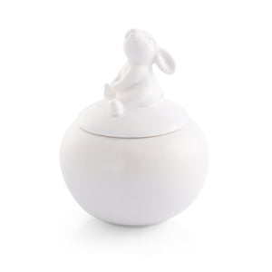 A charming sugar bowl with a rabbit figurine lid, seen from a slightly side angle, ideal for modern classic kitchen decor.