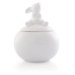 Porcelain sugar bowl with a whimsical rabbit lid, viewed from a slightly elevated angle, perfect for seasonal decor and kitchen charm.
