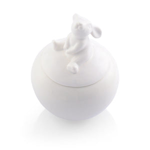 A whimsical sugar bowl, as seen from above, featuring a playful rabbit design, perfect for modern classic kitchen decor.