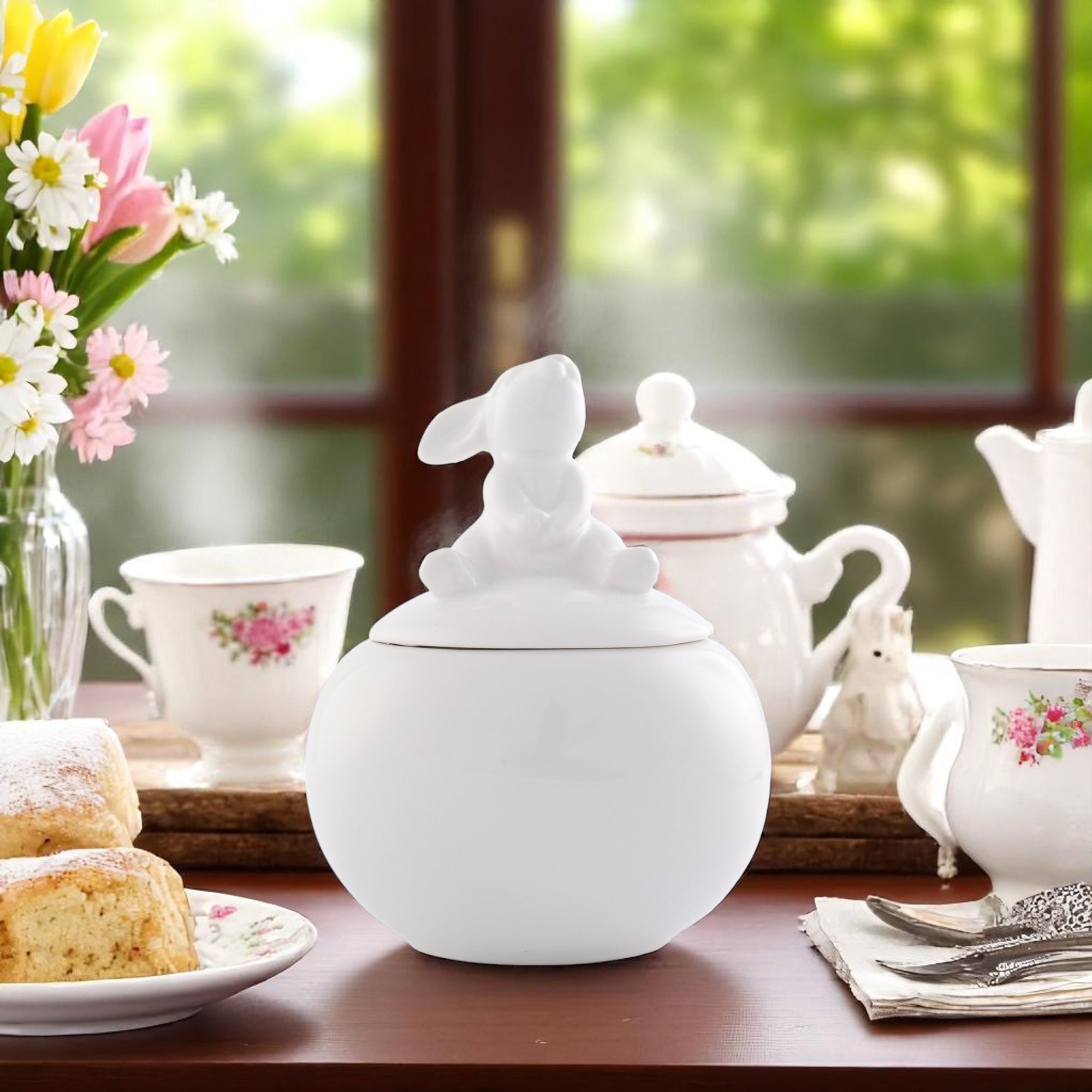 Porcelain sugar bowl with a whimsical rabbit lid, viewed from a slightly elevated angle, perfect for seasonal decor and kitchen charm.