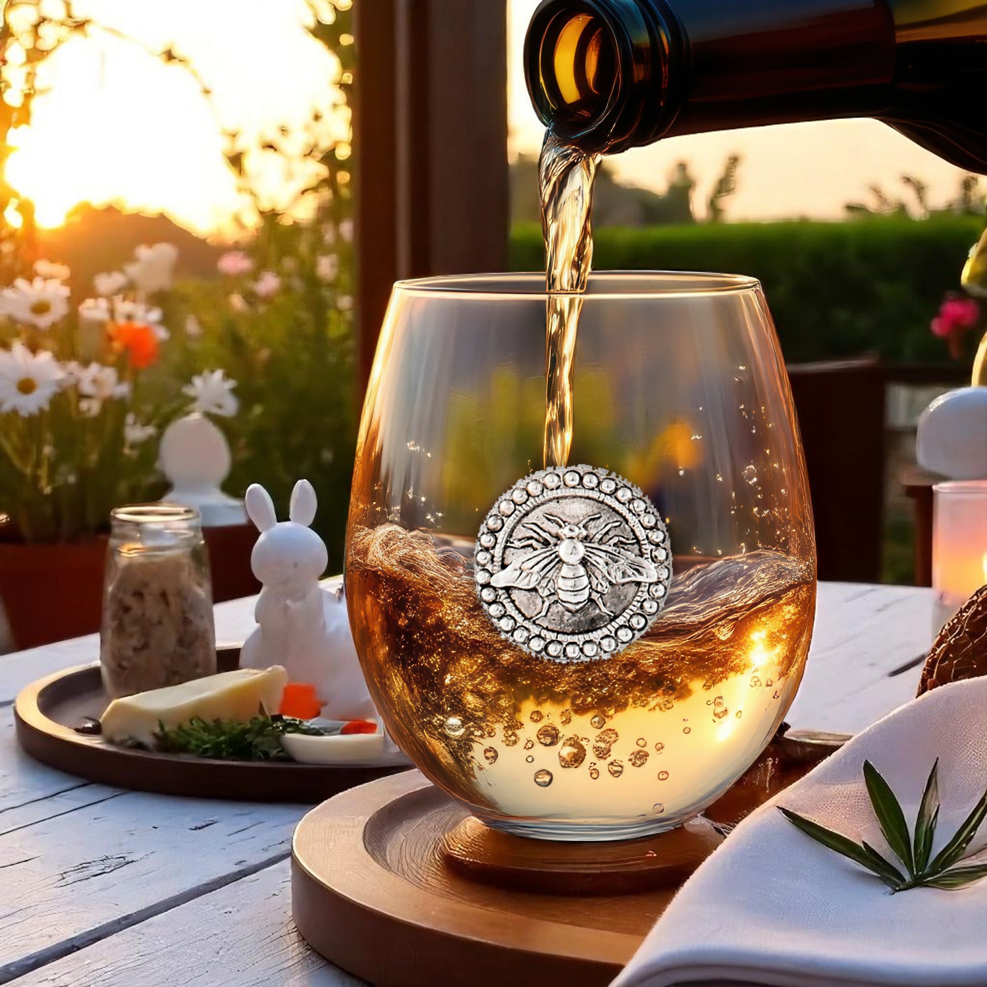 Red wine pours into a glass featuring intricate bee emblems, viewed from a side angle for a designer tableware showcase.