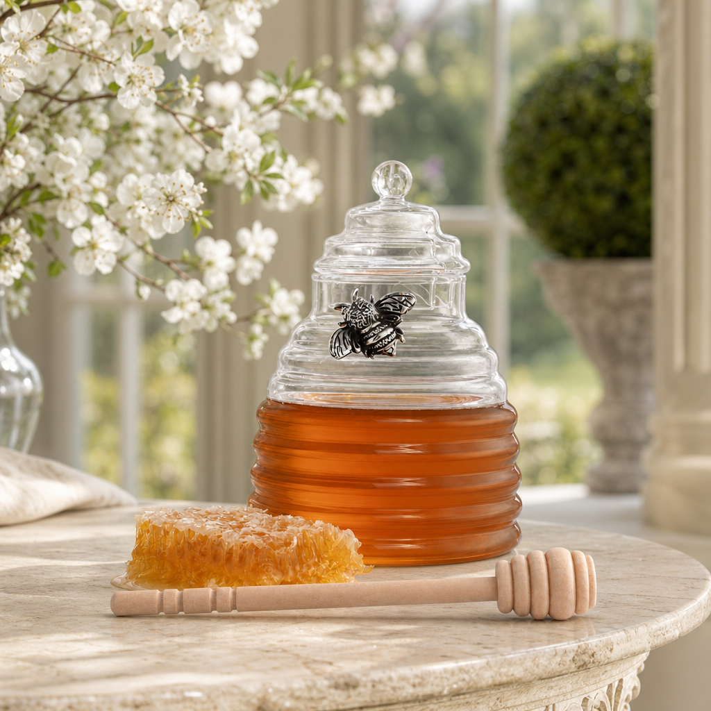 Silver Bee Honey Jar / Pot with Dipper 1